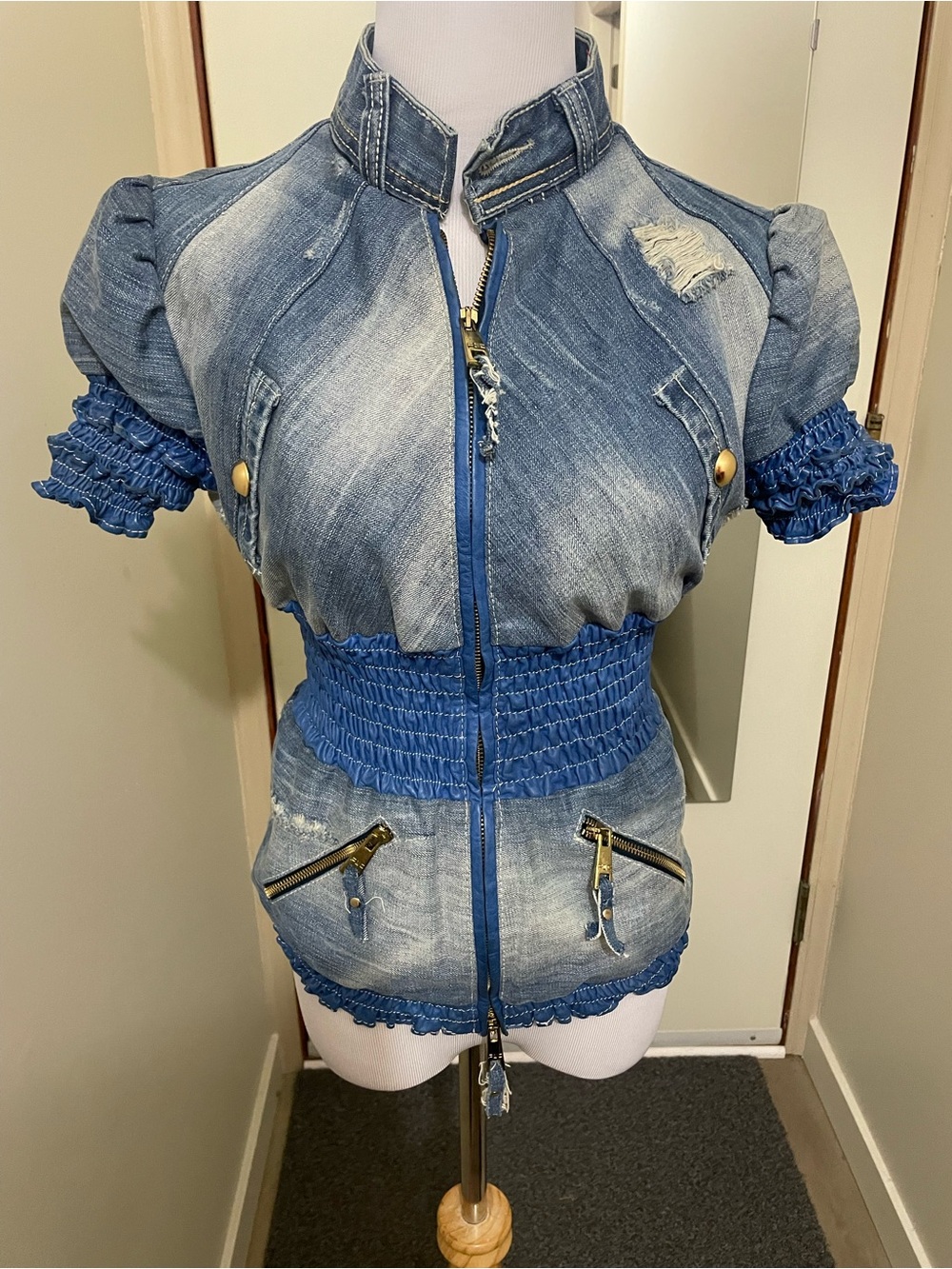 Denim Zip Front Puff Sleeve Jacket with Smocked Waist